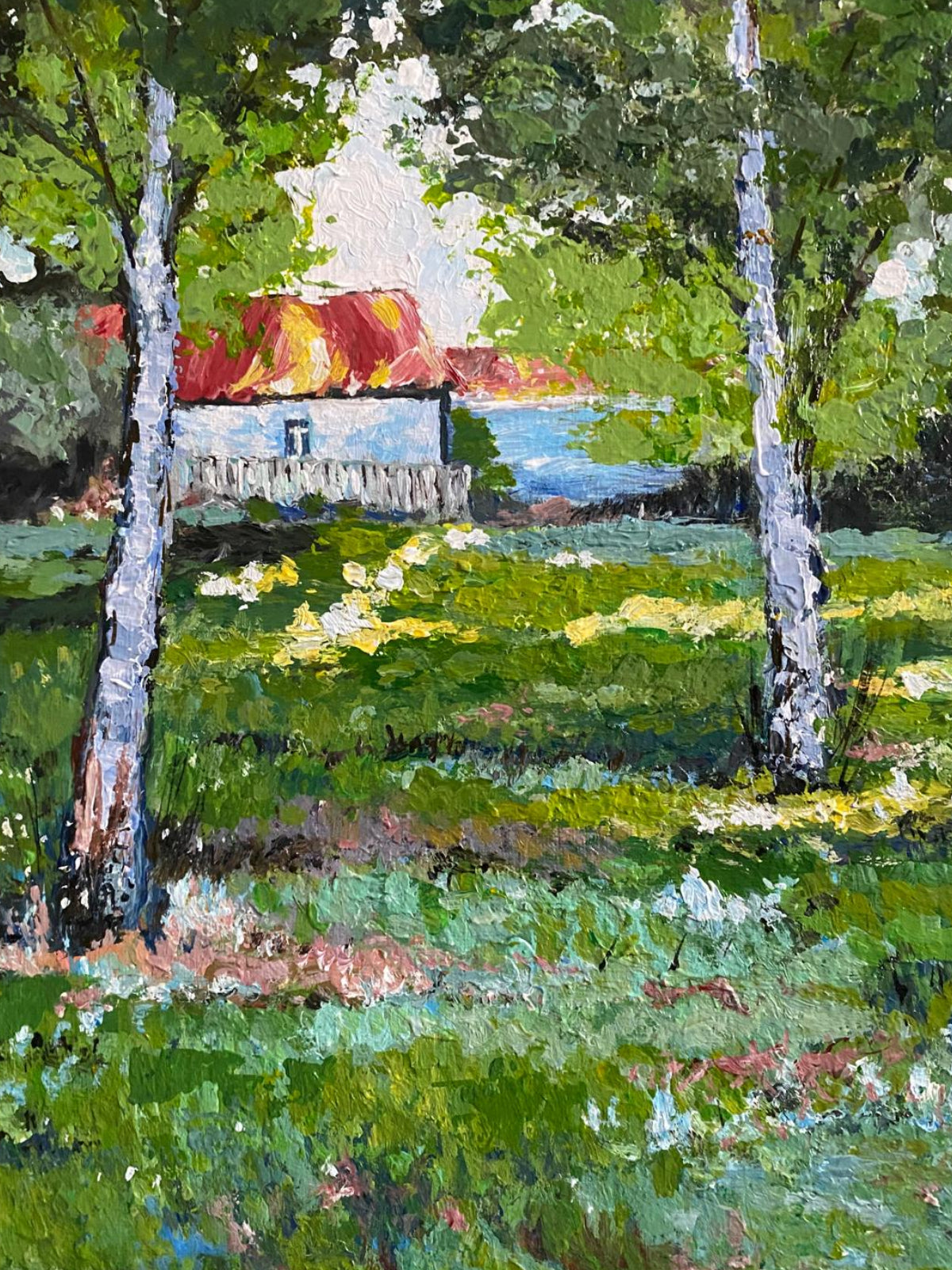 Painting of a house with a red roof in a green landscape with trees.
