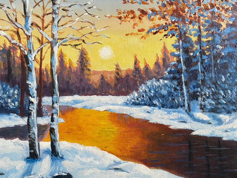 Winter landscape with snow-covered trees and a river, painted in a stylized manner.